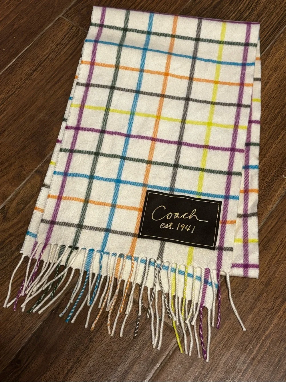Coach White Plaid Scarf with Multicolor Stripe Accents